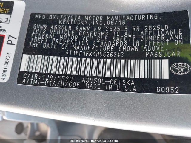 Toyota CAMRY SE 2017 4T1BF1FK1HU626243 Image 9