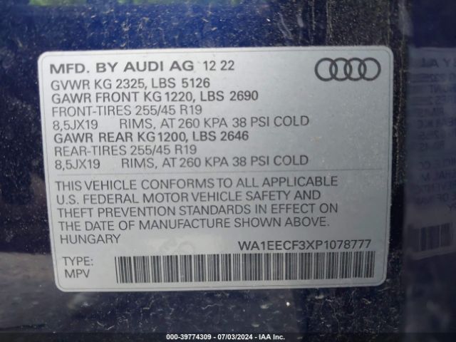 WA1EECF3XP1078777 Audi Q3 Premium Plus 45 Tfsi S Line Quattro Tiptronic