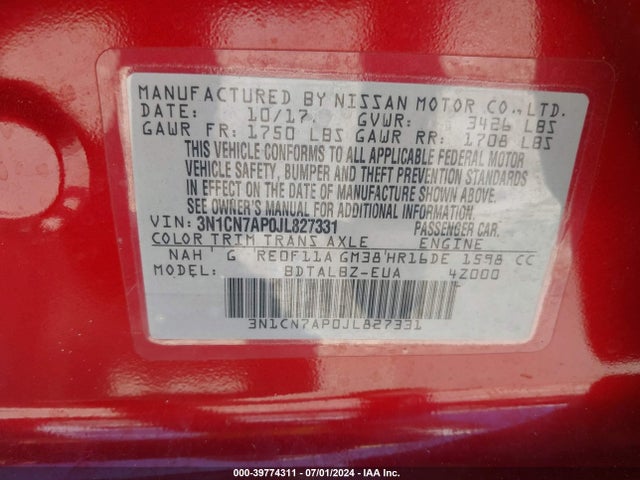 Nissan Versa 1.6 Sv 2018 3N1CN7AP0JL827331 Image 9