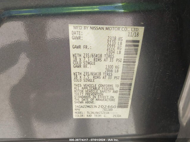Nissan MURANO SL 2018 5N1AZ2MG5JN202460 Image 9
