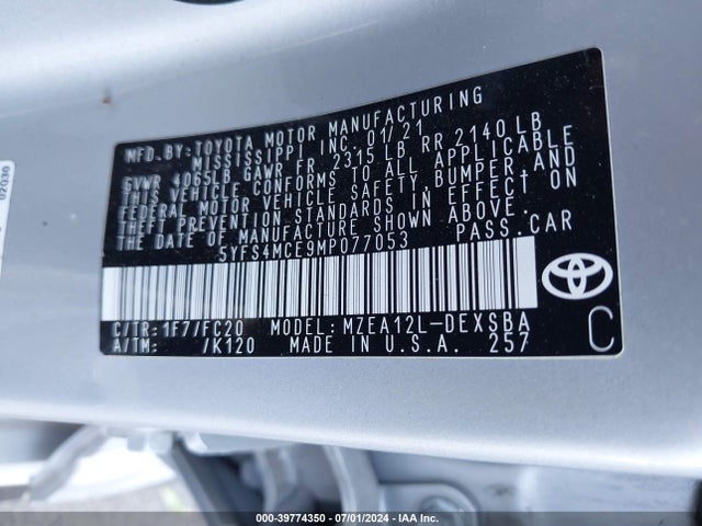 Toyota COROLLA SE 2021 5YFS4MCE9MP077053 Image 9
