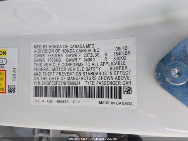 2HGFE2F53NH598924 Honda Civic Sport