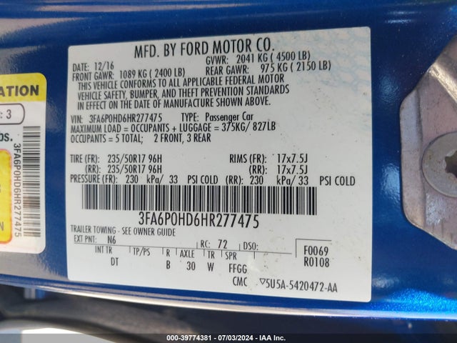 Ford FUSION SE 2017 3FA6P0HD6HR277475 Image 9