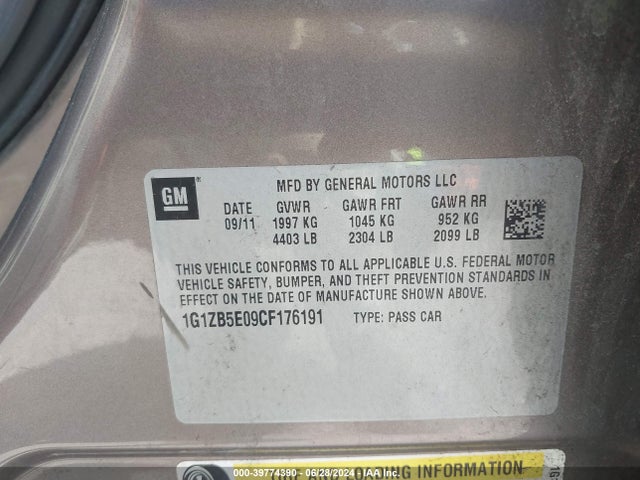 39774390 :رقم المزاد ، 1G1ZB5E09CF176191 vin ، 2012 Chevrolet Malibu Ls مزاد بيع