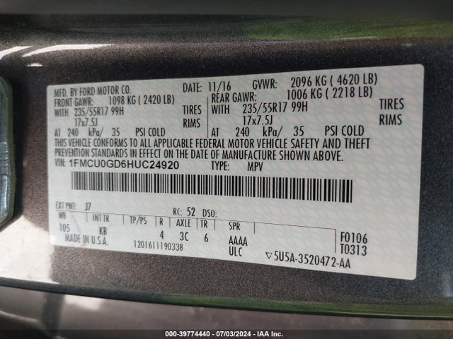 Ford ESCAPE SE 2017 1FMCU0GD6HUC24920 Image 9