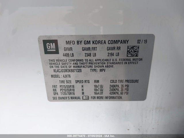 KL4CJGSM3KB871320 Buick Encore Awd Essence