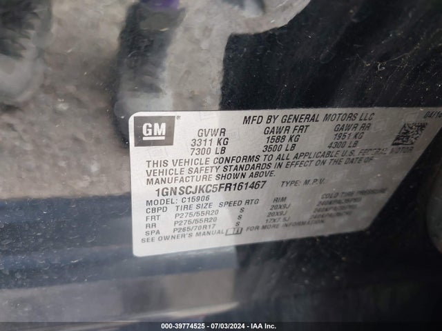 Chevrolet Suburban 1500 Lt 2015 1GNSCJKC5FR161467 Image 9