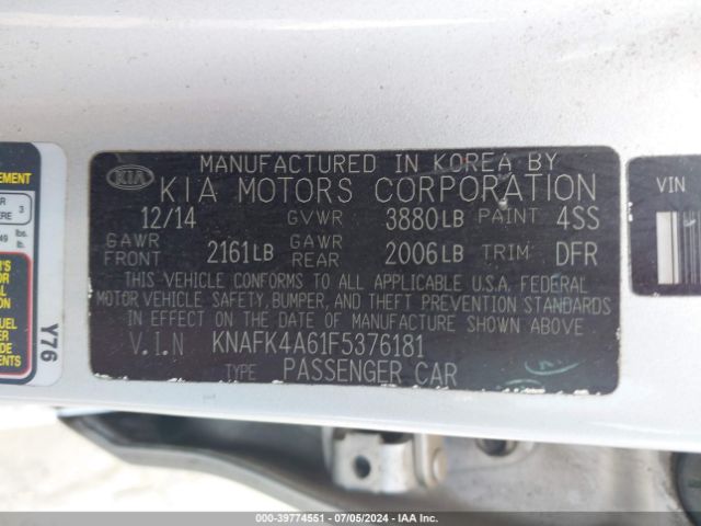 KNAFK4A61F5376181 KIA FORTE LX