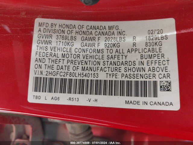 Honda Civic Sport 2020 2HGFC2F80LH540153 Image 9