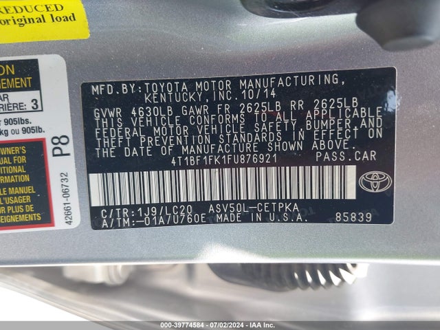 Toyota CAMRY XSE 2015 4T1BF1FK1FU876921 Image 9