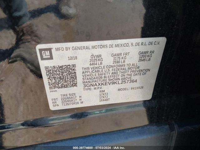 3GNAXKEV9KL257364 Chevrolet EQUINOX LT