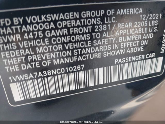 1VWSA7A38NC010267 Volkswagen Passat 2.0t Se