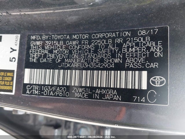 JTDKARFU3H3542904 Toyota Prius Three