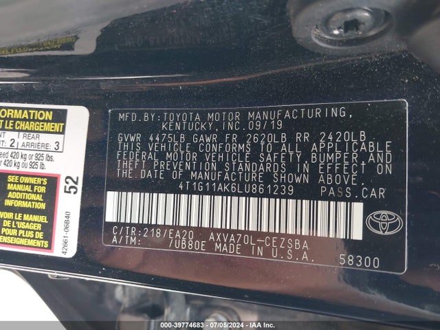 Toyota CAMRY SE 2020 4T1G11AK6LU861239 Image 9