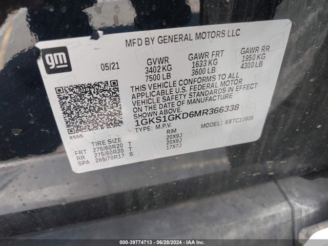 1GKS1GKD6MR366338 GMC Yukon Xl 2wd Slt