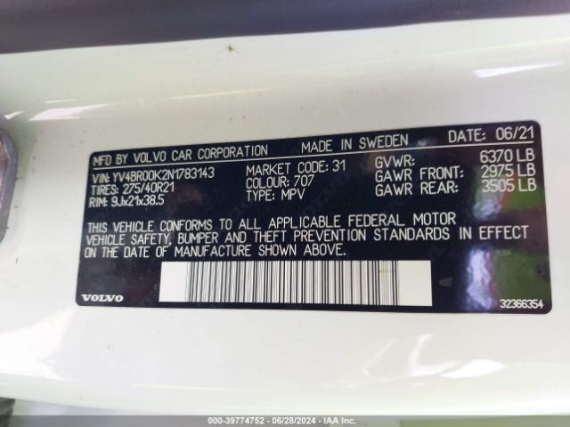 YV4BR00K2N1783143 Volvo Xc90 T8 Recharge Momentum