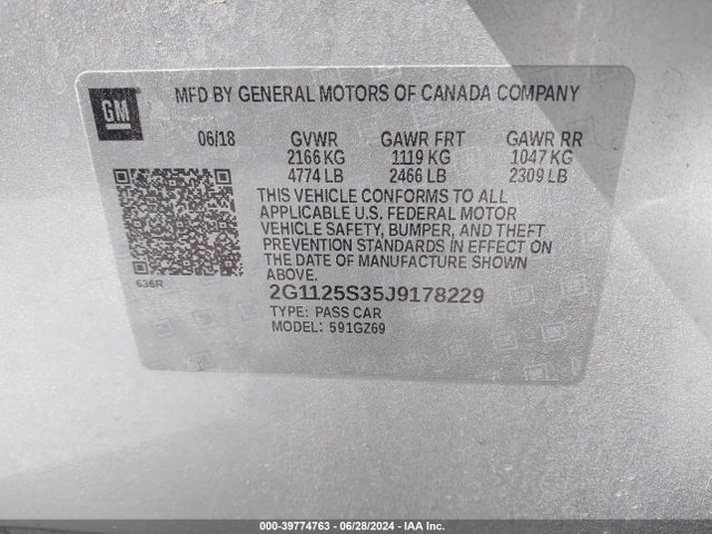 Chevrolet IMPALA 2LZ 2018 2G1125S35J9178229 Image 9