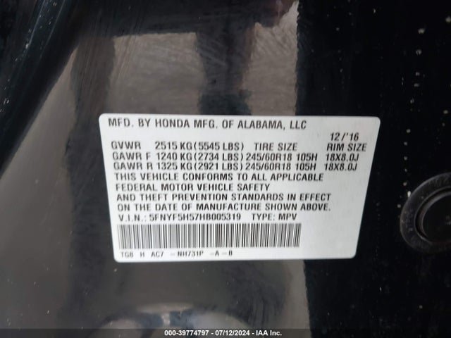 Honda Pilot Ex-l 2017 5FNYF5H57HB005319 Image 9
