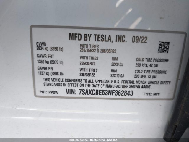 2022 TESLA MODEL X 7SAXCBE53NF362843 Photo 8