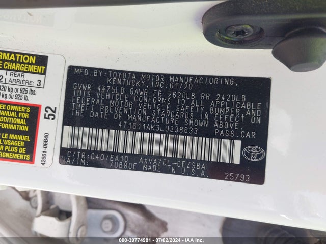 Toyota CAMRY SE 2020 4T1G11AK3LU338633 Image 9