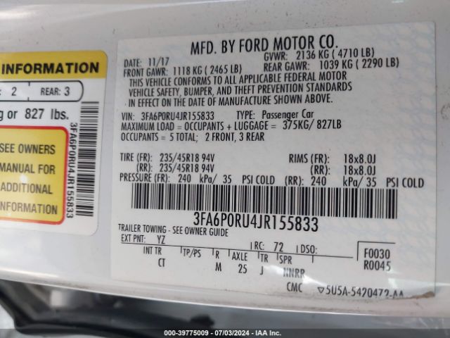 3FA6P0RU4JR155833 Ford Fusion Hybrid Titanium