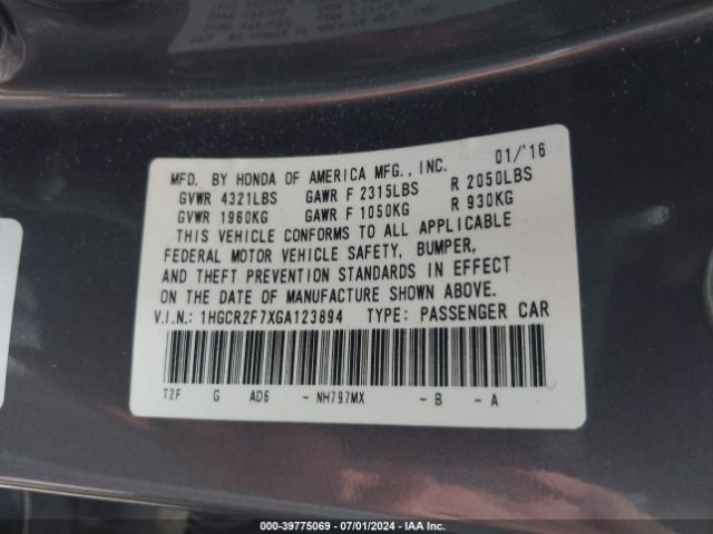 1HGCR2F7XGA123894 Honda ACCORD EX