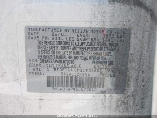 3N1AB7AP4GL670010 Nissan Sentra Fe+ S/s/sl/sr/sv