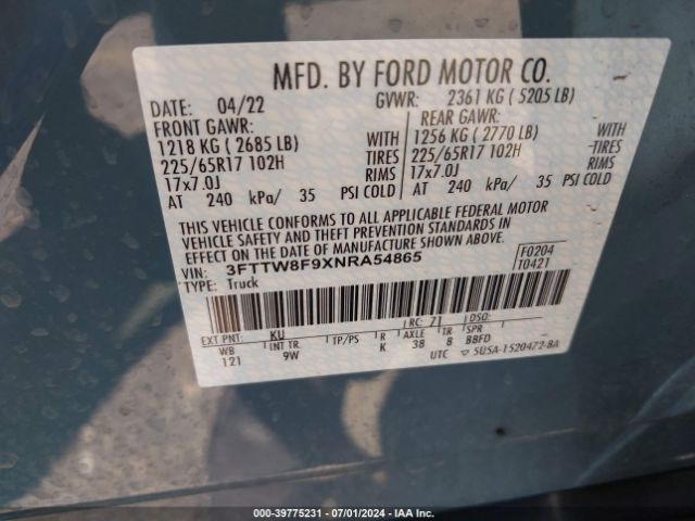 3FTTW8F9XNRA54865 Ford Maverick Xl