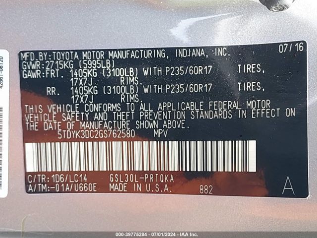 5TDYK3DC2GS762580 Toyota Sienna Xle Premium 8 Passenger