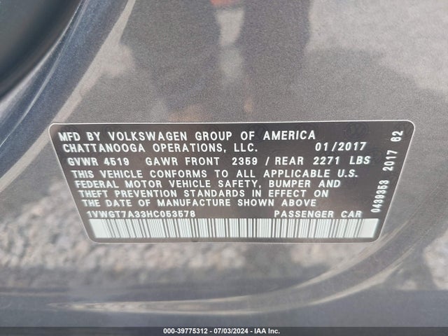 1VWGT7A33HC053578 Volkswagen Passat 1.8t Se