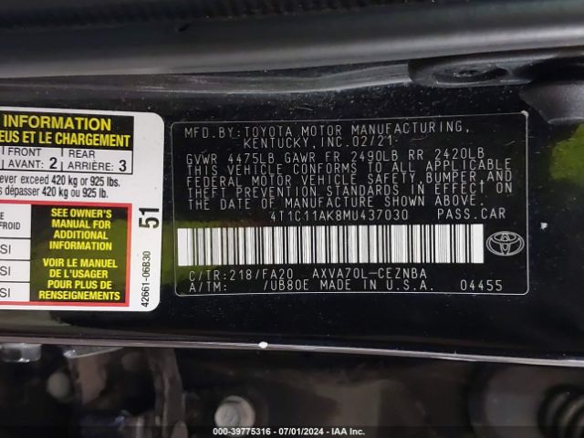 4T1C11AK8MU437030 Toyota CAMRY LE