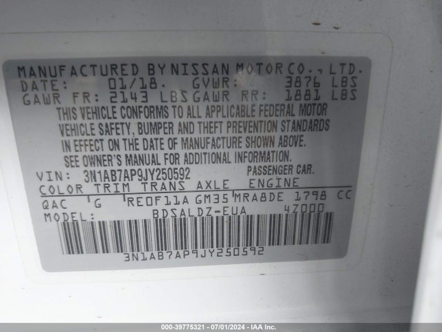 Nissan SENTRA SV 2018 3N1AB7AP9JY250592 Image 9