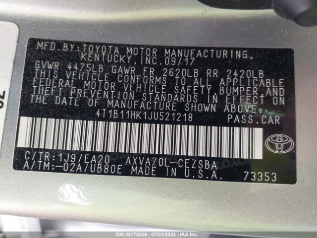 4T1B11HK1JU521218 Toyota CAMRY SE