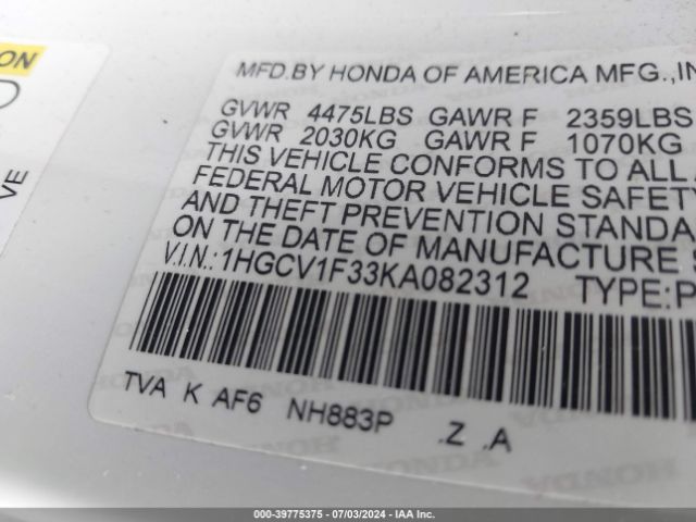 1HGCV1F33KA082312 Honda Accord Sport