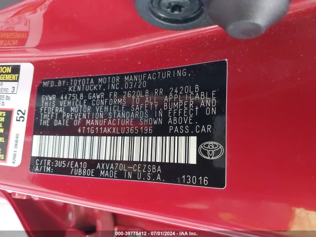 Toyota CAMRY SE 2020 4T1G11AKXLU365196 Image 9