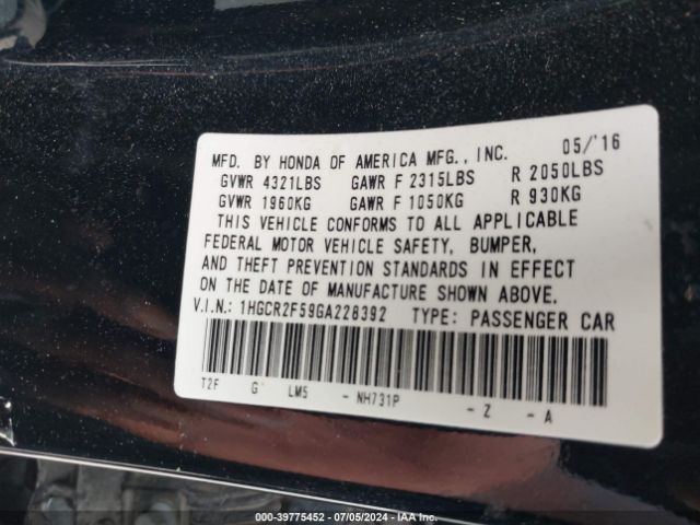 1HGCR2F59GA228392 Honda Accord Sport