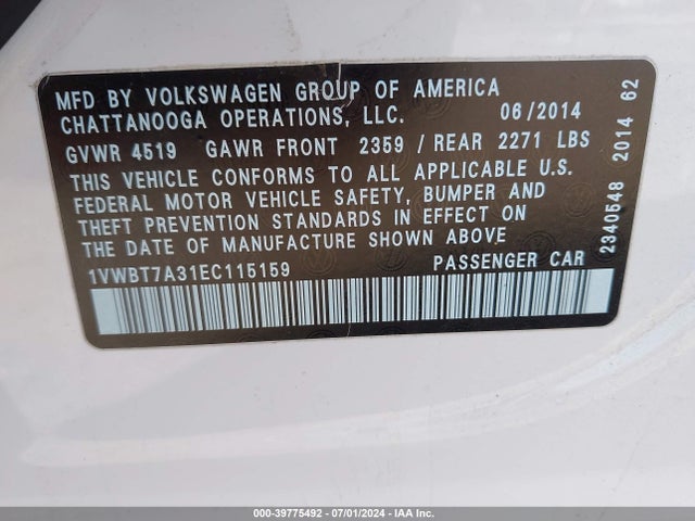 1VWBT7A31EC115159 Volkswagen Passat 1.8t Sport