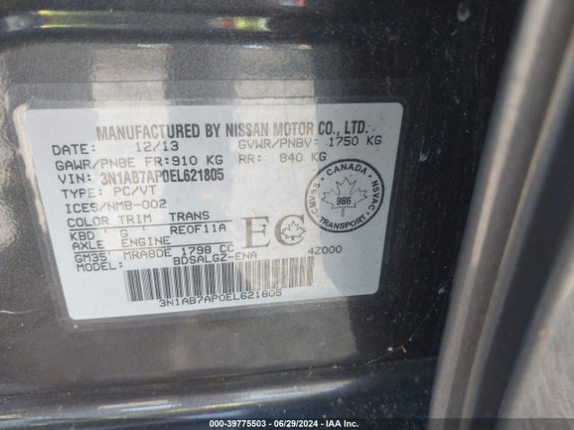 3N1AB7AP0EL621805 Nissan Sentra Fe+ S/fe+ Sv/s/sl/sr/sv