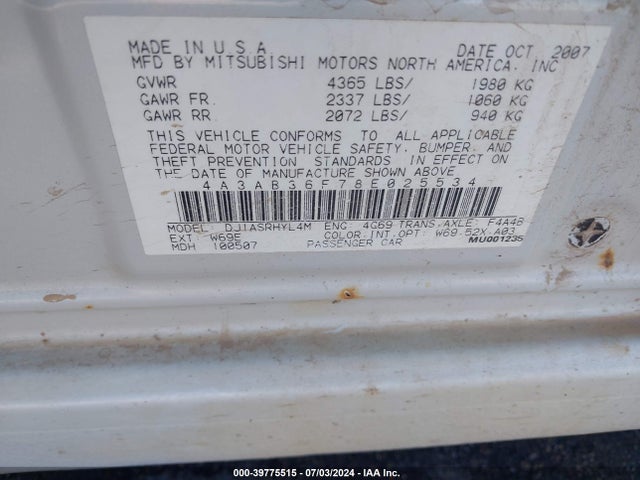 2008 MITSUBISHI GALANT 4A3AB36F78E025534 Photo 8