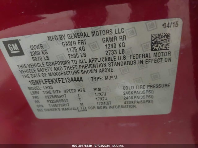 Chevrolet EQUINOX 1LT 2015 1GNFLFEKXFZ134444 Image 9