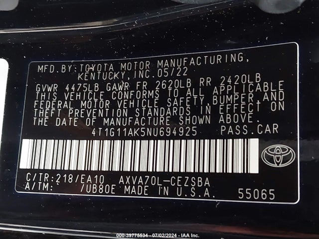 Toyota CAMRY SE 2022 4T1G11AK5NU694925 Image 9