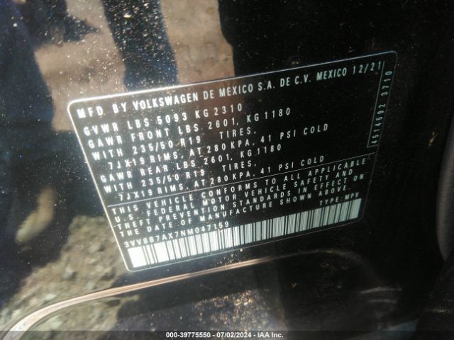 3VV8B7AX7NM047159 Volkswagen Tiguan 2.0t Se R-line Black