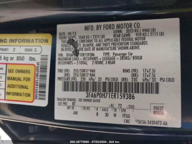 3FA6P0H71ER159386 Ford FUSION SE