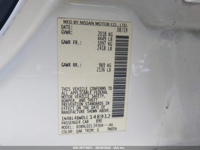 1N4BL4BW0LC148912 Nissan Altima S Intelligent Awd