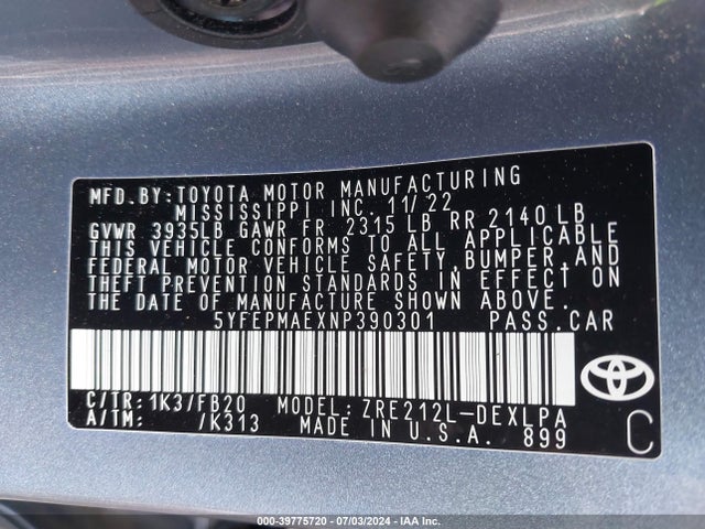 Toyota Corolla 2022 5YFEPMAEXNP390301 Image 21
