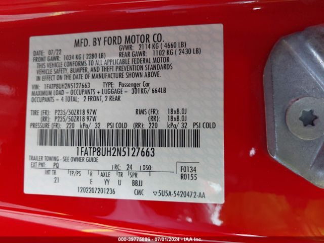 1FATP8UH2N5127663 Ford Mustang Ecoboost