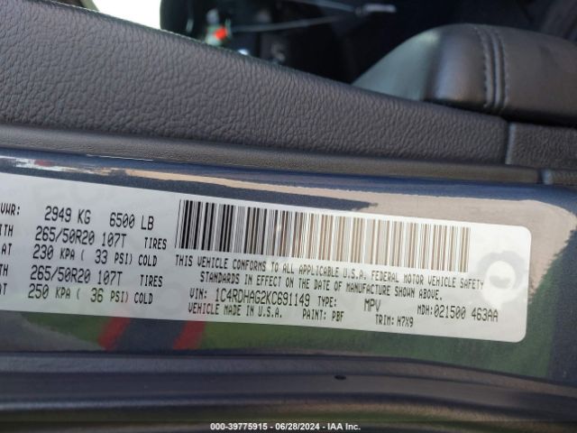 1C4RDHAG2KC691149 Dodge Durango Sxt Plus Rwd