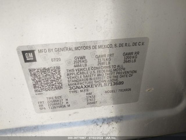 3GNAXKEV7LS713689 Chevrolet Equinox Fwd Lt 1.5l Turbo