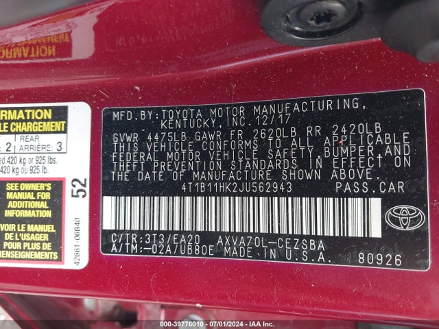 Toyota CAMRY SE 2018 4T1B11HK2JU562943 Image 9