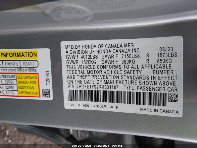2HGFE1F99RH301187 Honda Civic Touring